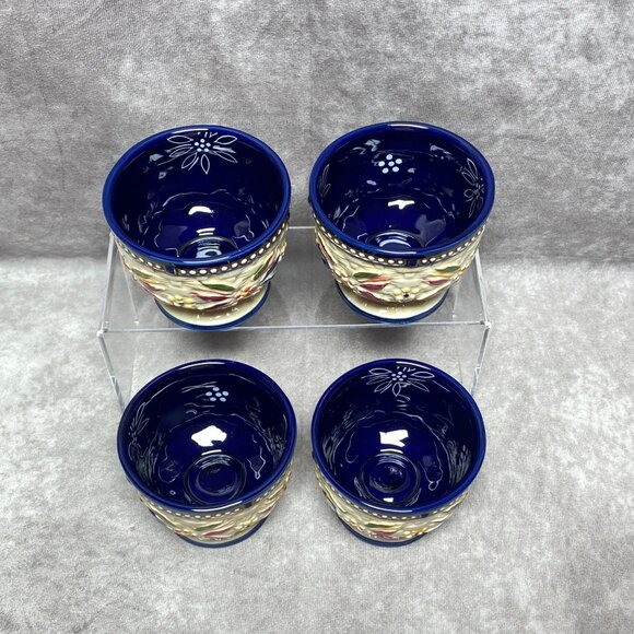 4 Temp-Tations Old World Blue 8Oz Ceramic Basketweave Pedestal Cups Set - Picture 2 of 10